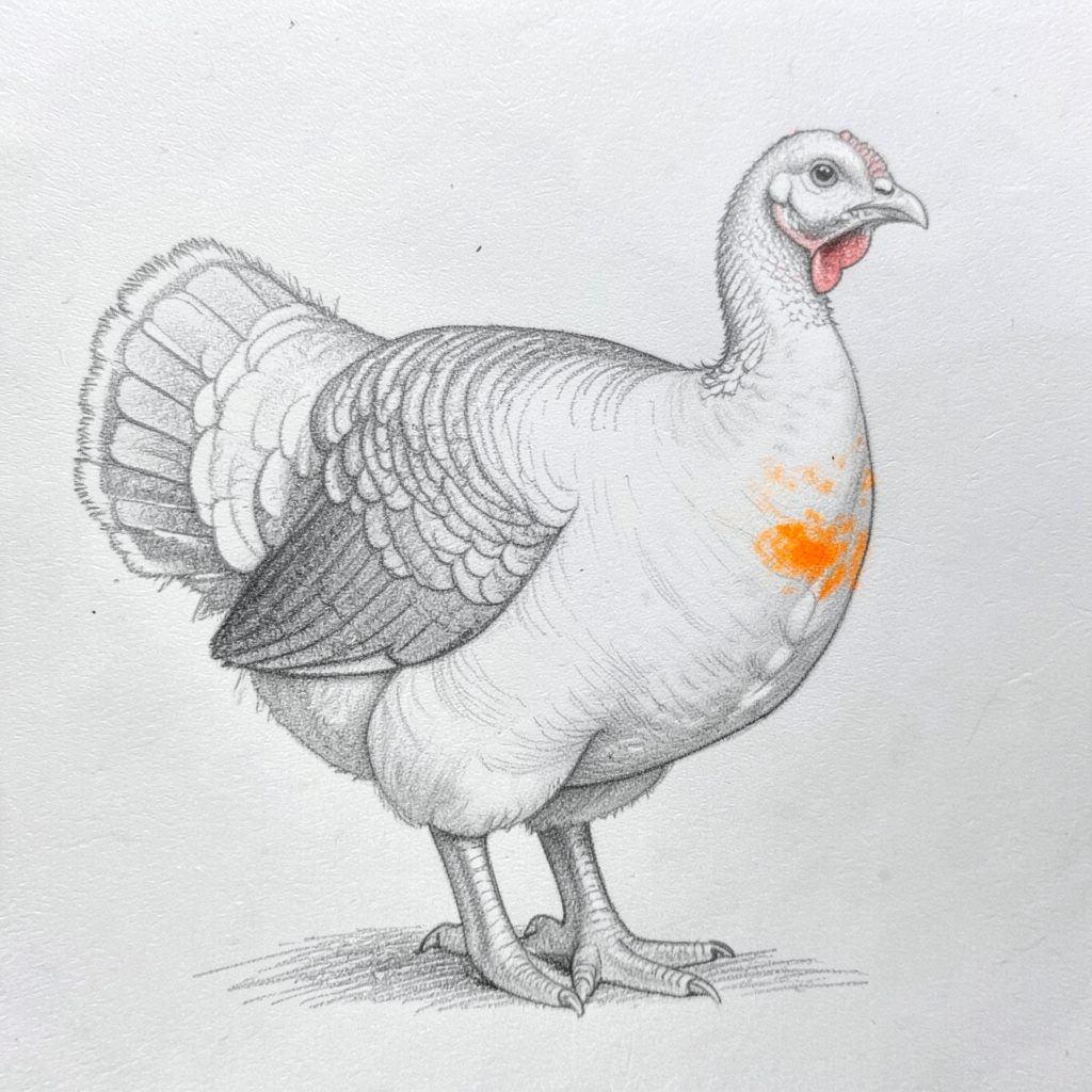 Pencil sketch of a Broad-Breasted White turkey poult, pale plumage