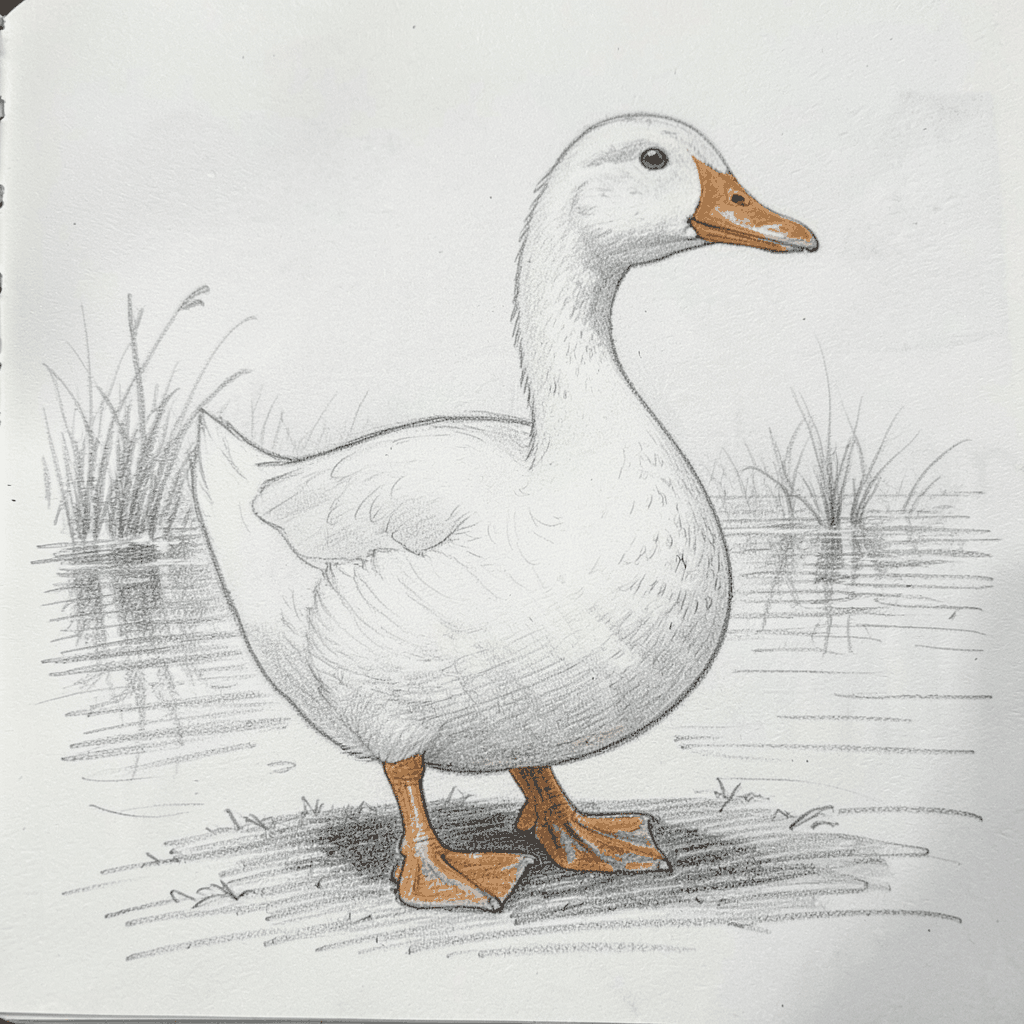 Pencil sketch of a Pekin duck, creamy white body and orange bill
