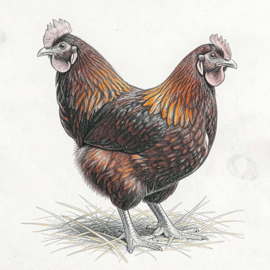 Pencil sketch of a Rhode Island Red hen, rich mahogany feathers, representing quality and care