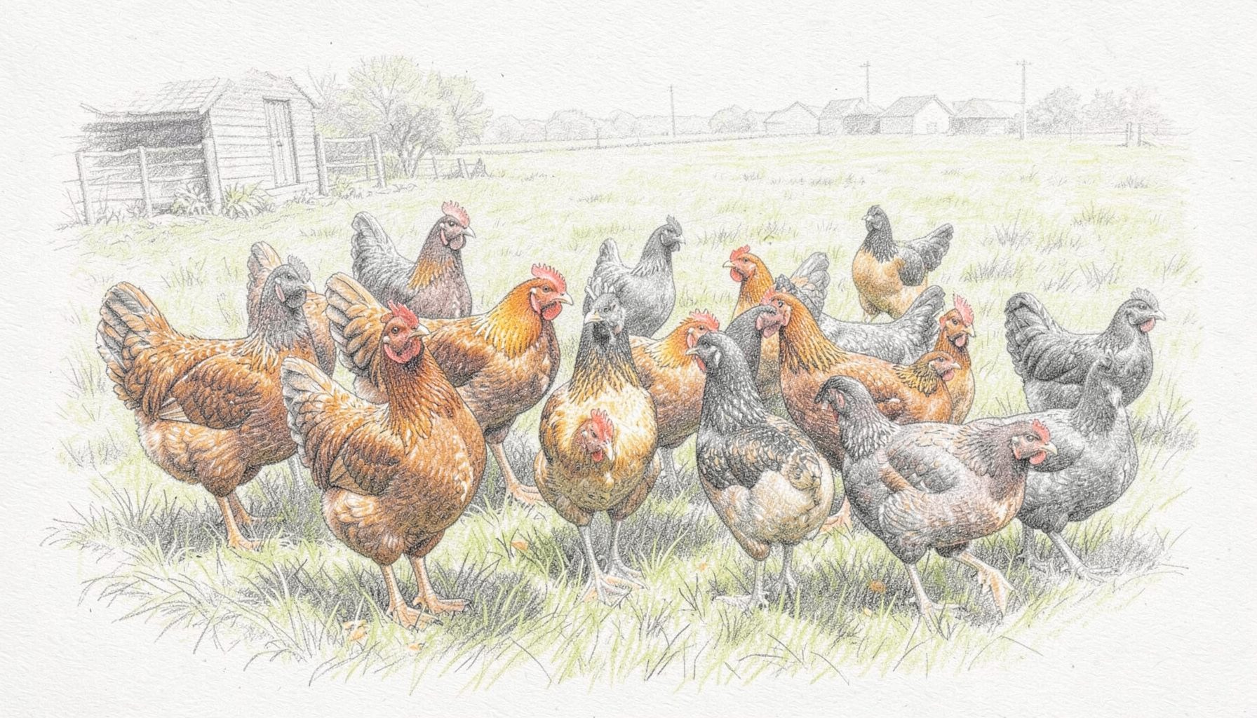 A graphite pencil sketch of a diverse flock of heritage chickens, turkeys, and ducks gathered in a sunlit farmyard, warm and pastoral