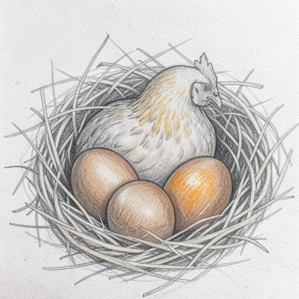 Pencil sketch of chicken hatching eggs nestled in straw