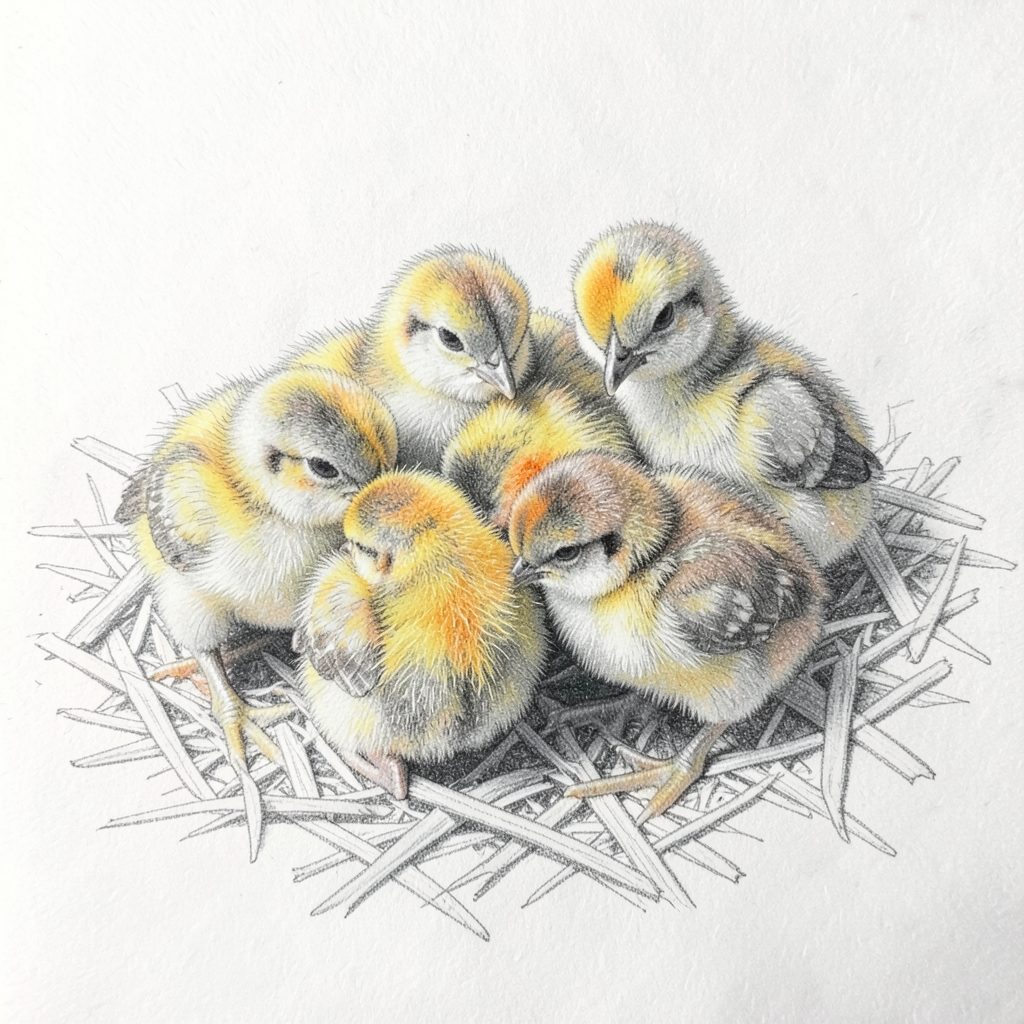 Pencil sketch of day-old chicks, fluffy yellow and brown