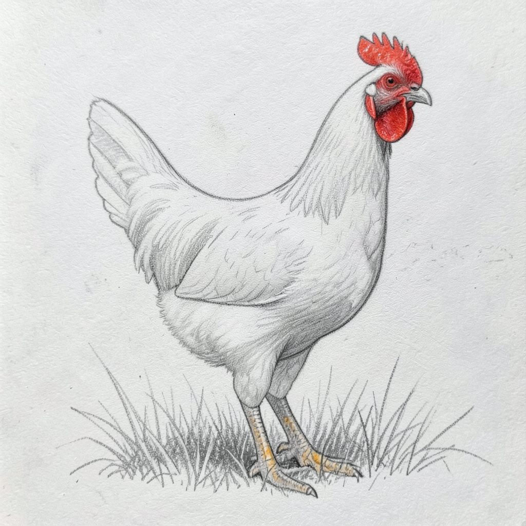 Pencil sketch of a White Leghorn hen, slender white body and bright red comb