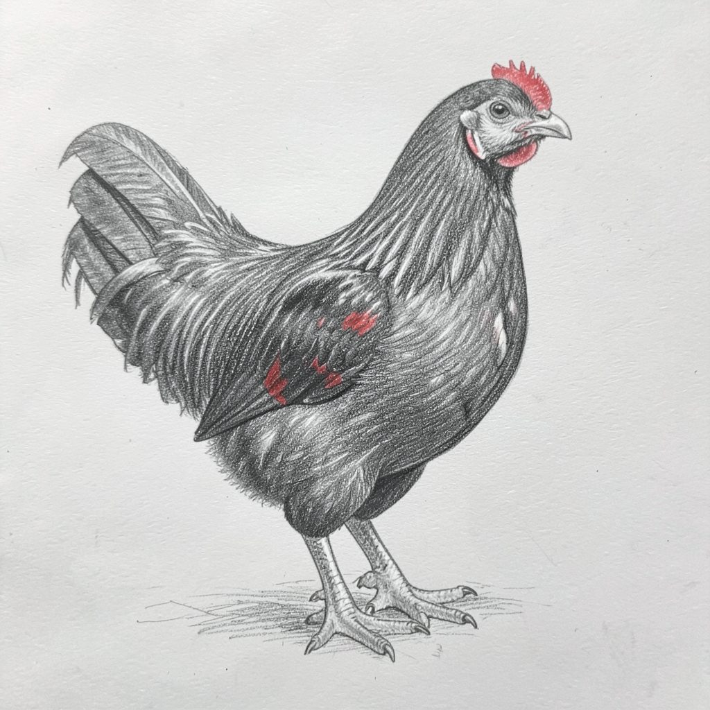 Pencil sketch of a Blueface Hatch game fowl, muscular build with dark plumage and pale face