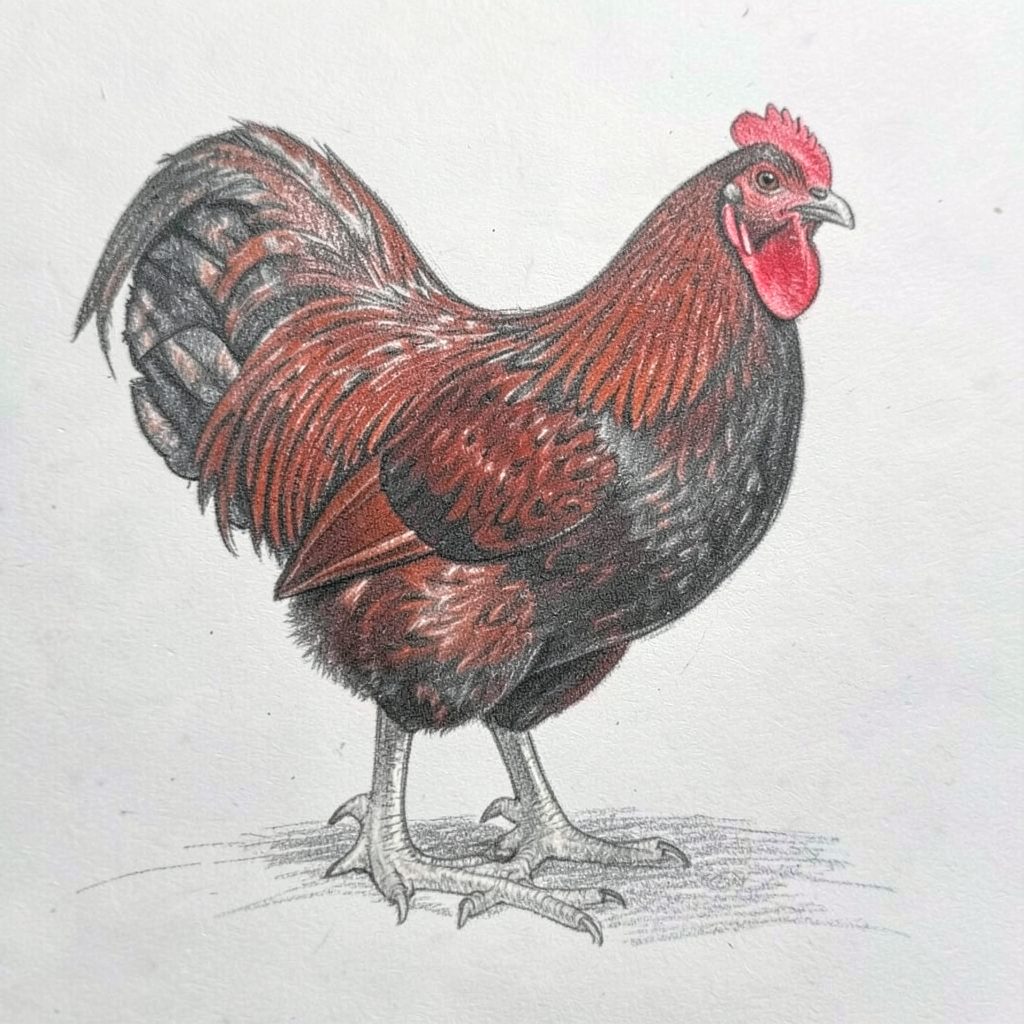 Pencil sketch of a McLean Hatch game fowl, athletic frame with rich red-brown plumage