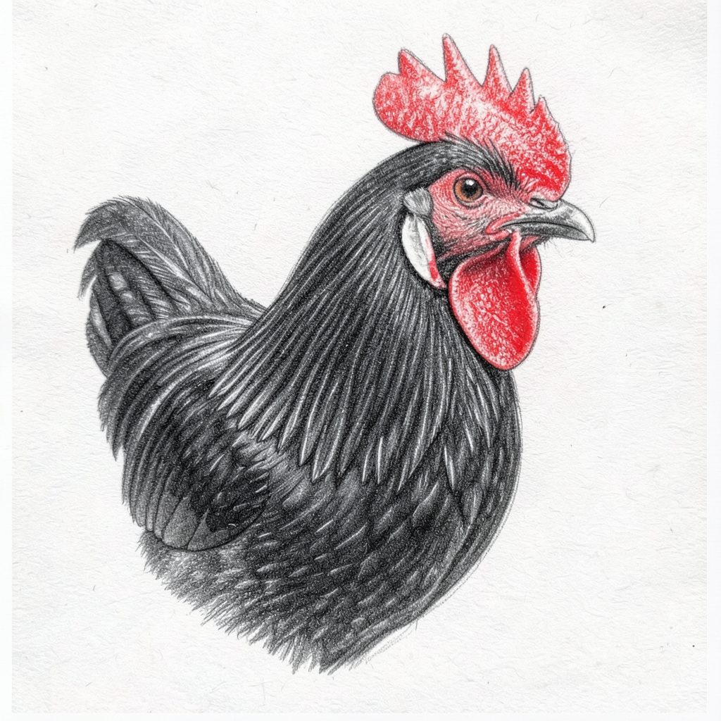 Pencil sketch of Black Minorcas, sleek black feathers with a prominent red comb and white earlobes