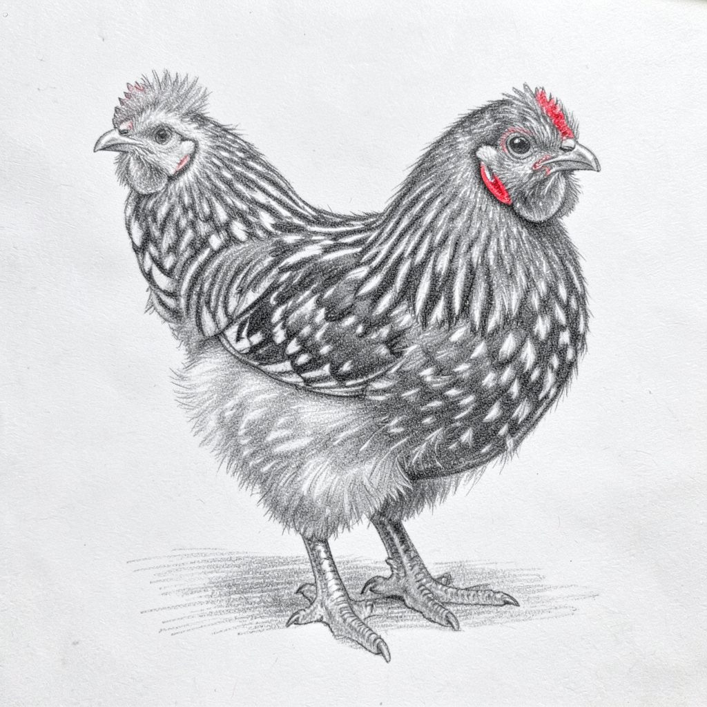 Pencil sketch of a Barred Cochin Bantam, fluffy barred plumage with heavily feathered legs