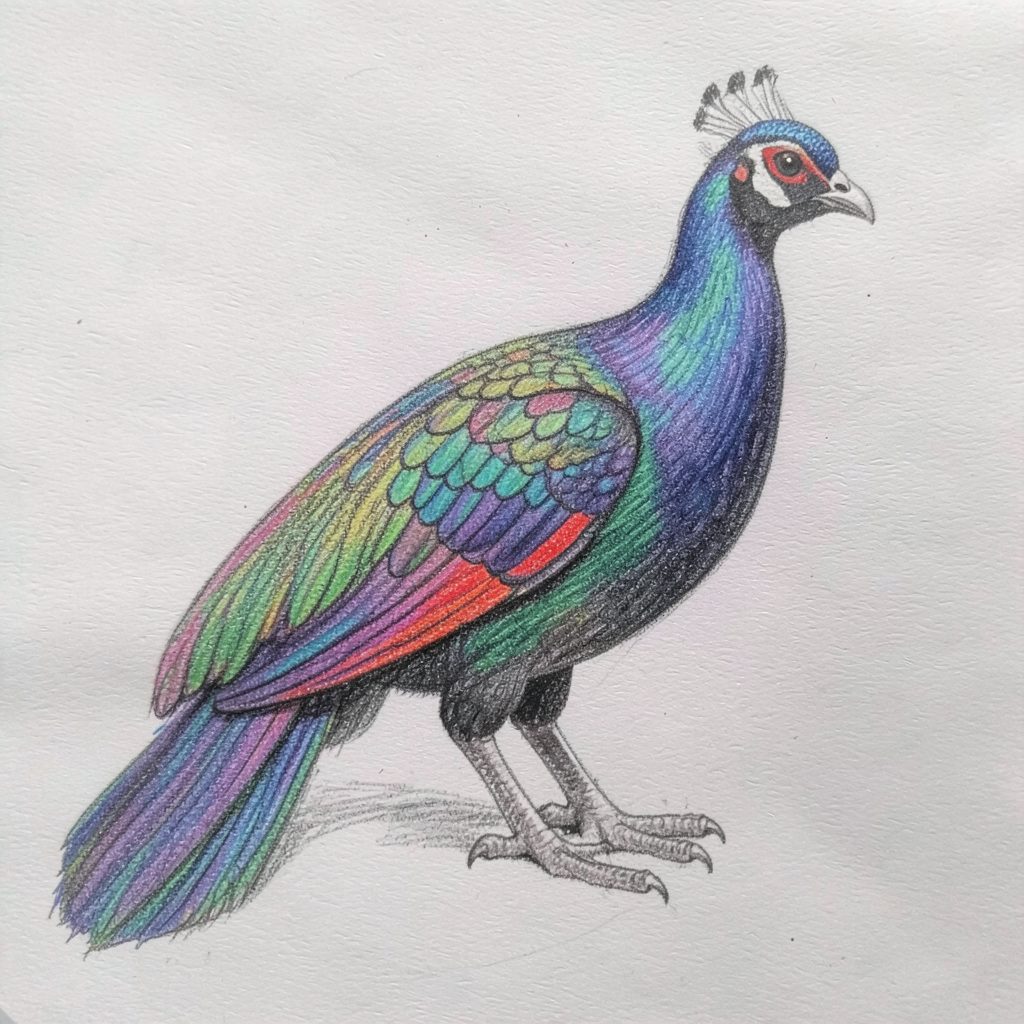 Pencil sketch of an Impeyan pheasant, iridescent plumage shifting from deep blue to green and purple