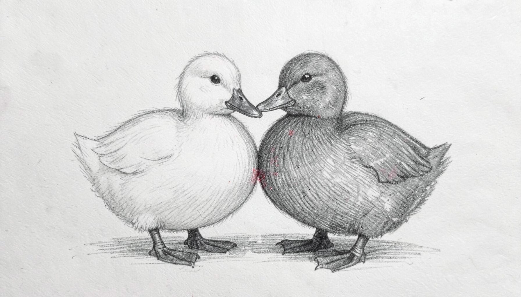 A graphite pencil sketch of a pair of small Call Ducks, plump and compact with rounded heads, one white and one grey, standing together