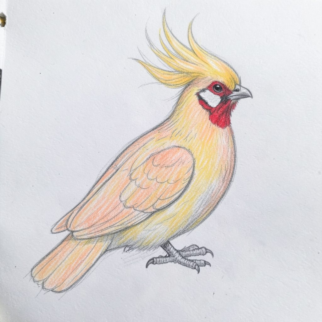 Pencil sketch of a Peach Golden pheasant, soft peach and gold plumage with a flowing golden crest