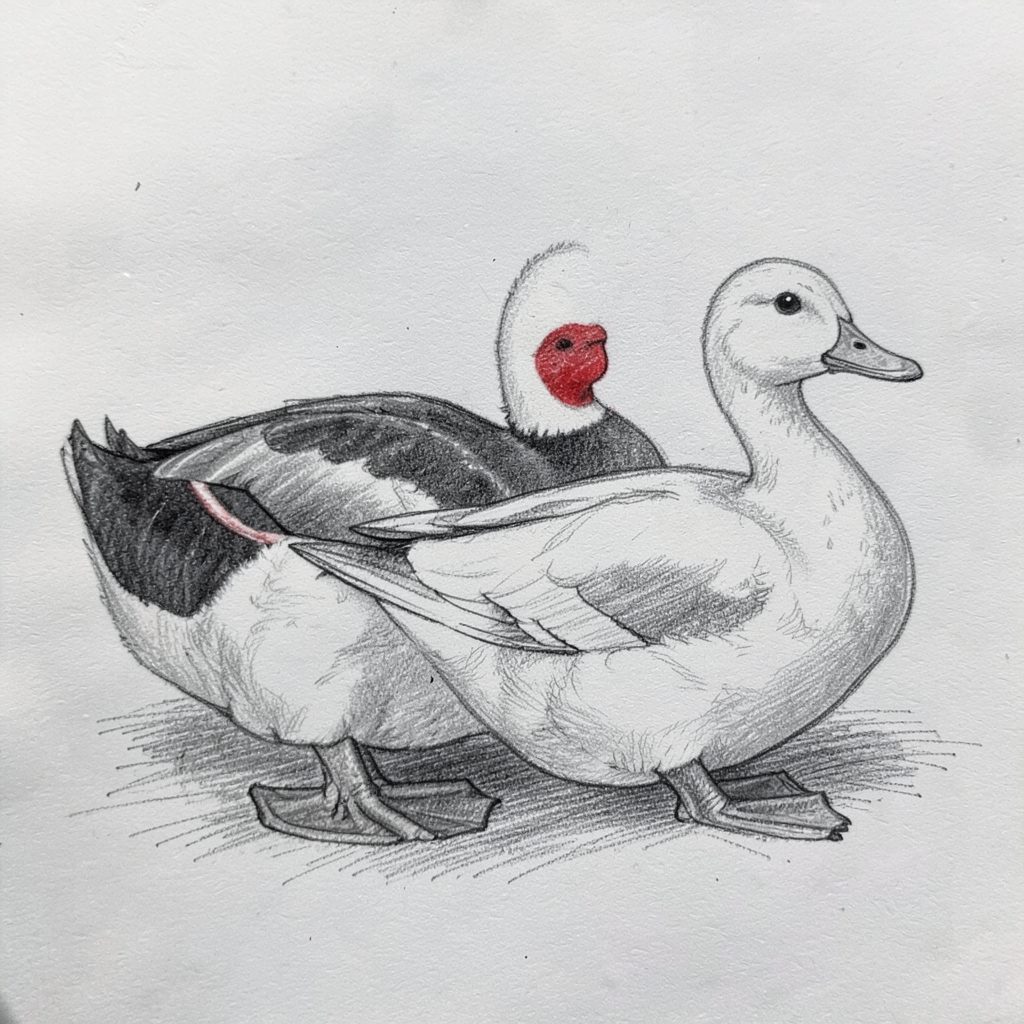 A graphite pencil sketch of Fawn and White Runner Ducks, upright posture, warm fawn coloring